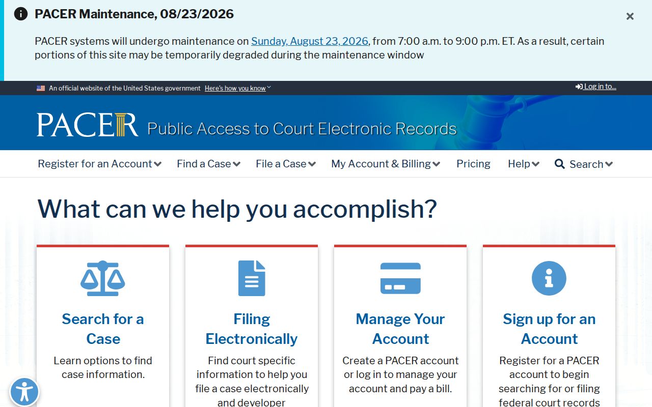 Shelby County case search PACER account interface