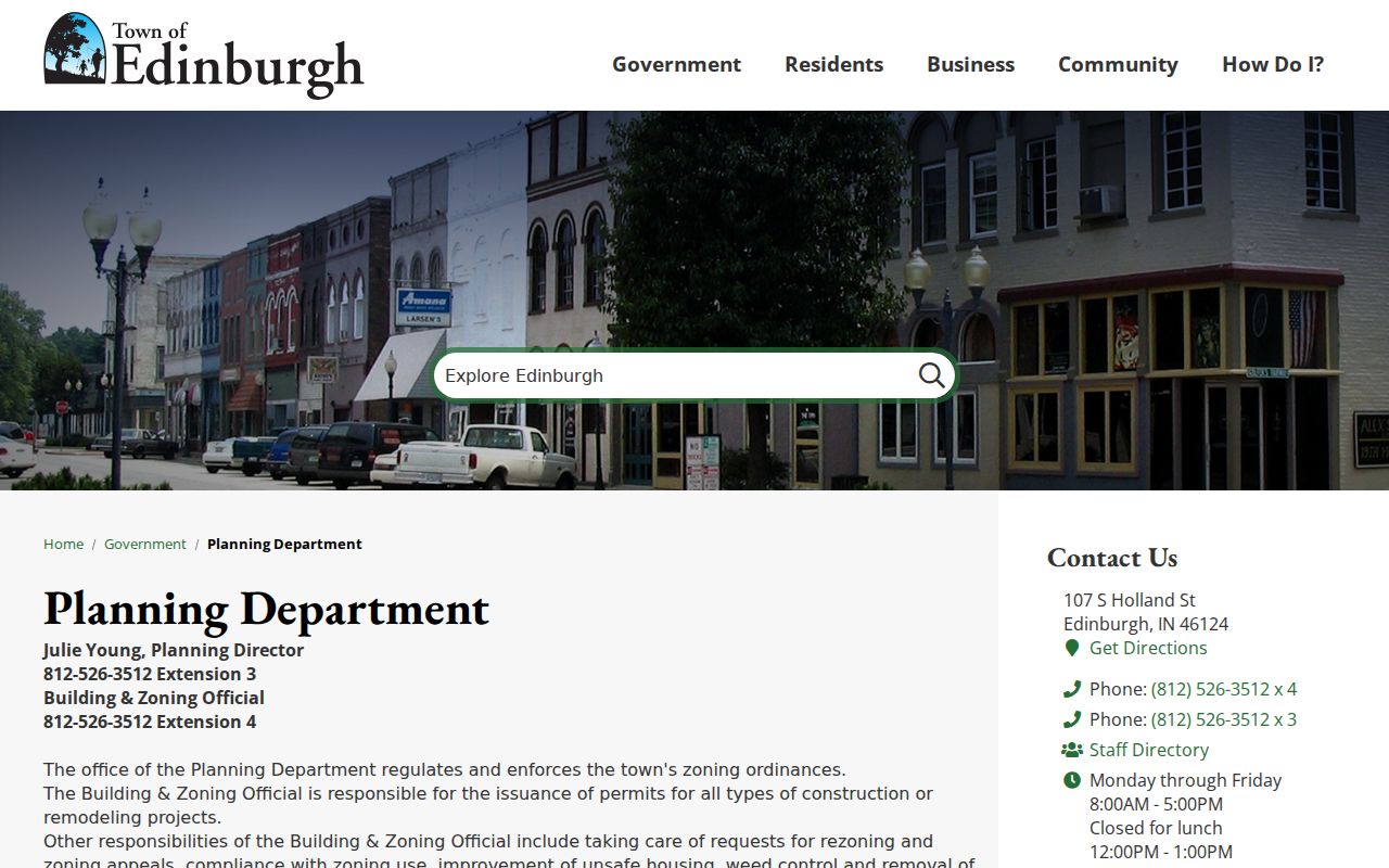 Official Edinburgh Indiana government page used for local context