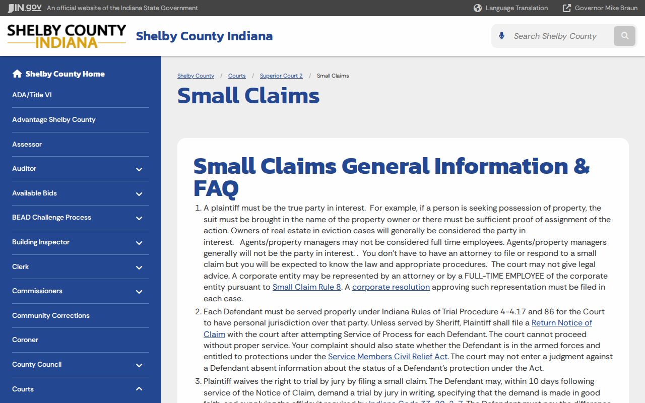 Shelby Superior Court 2 small claims rules and service instructions