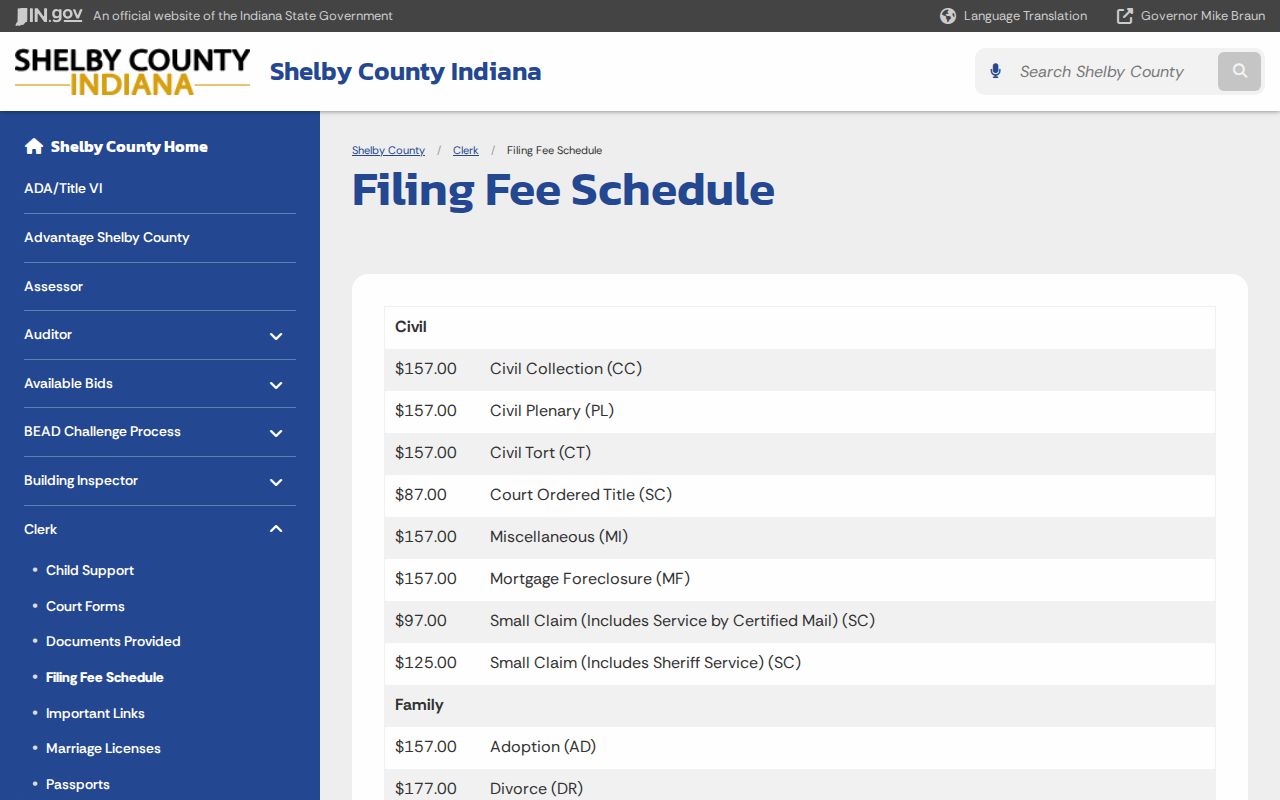 Shelby County Clerk civil family probate and small claims filing fee schedule