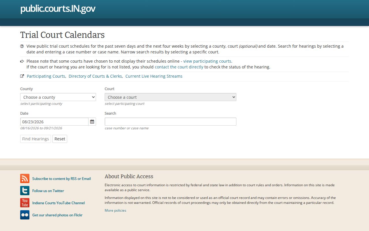 Shelby County court calendar search controls