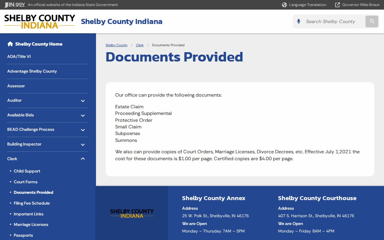 Shelby County Clerk plain and certified court record copy fees