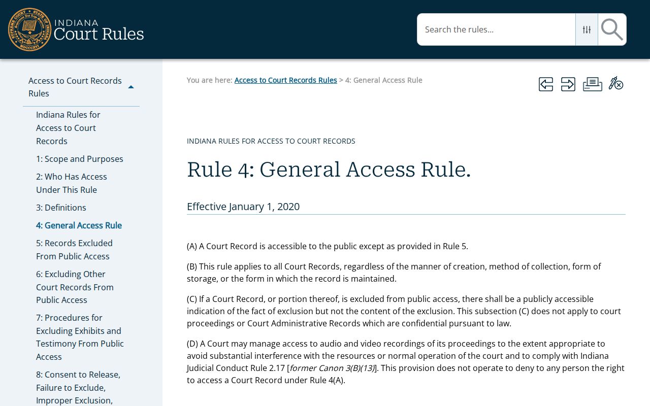 Indiana Records Rule 4 general public access rule for court records