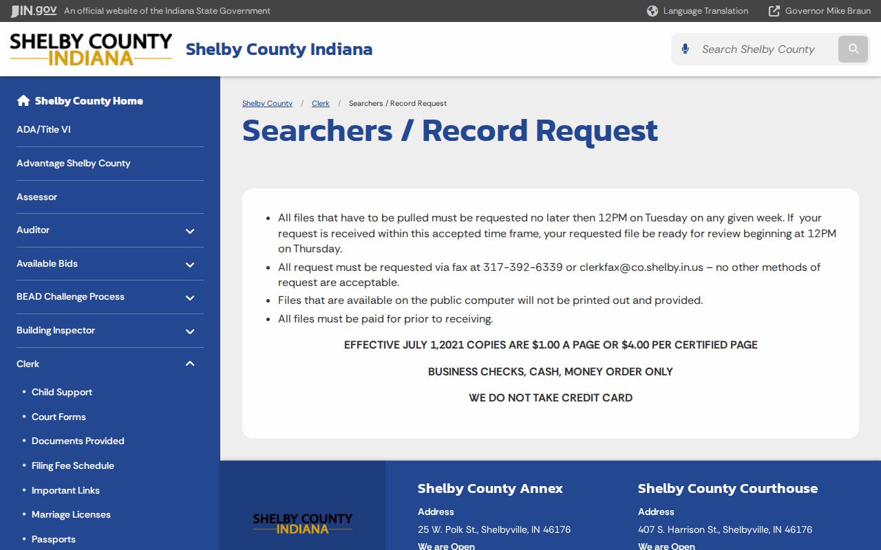 Shelby County Clerk fax and email court record request instructions
