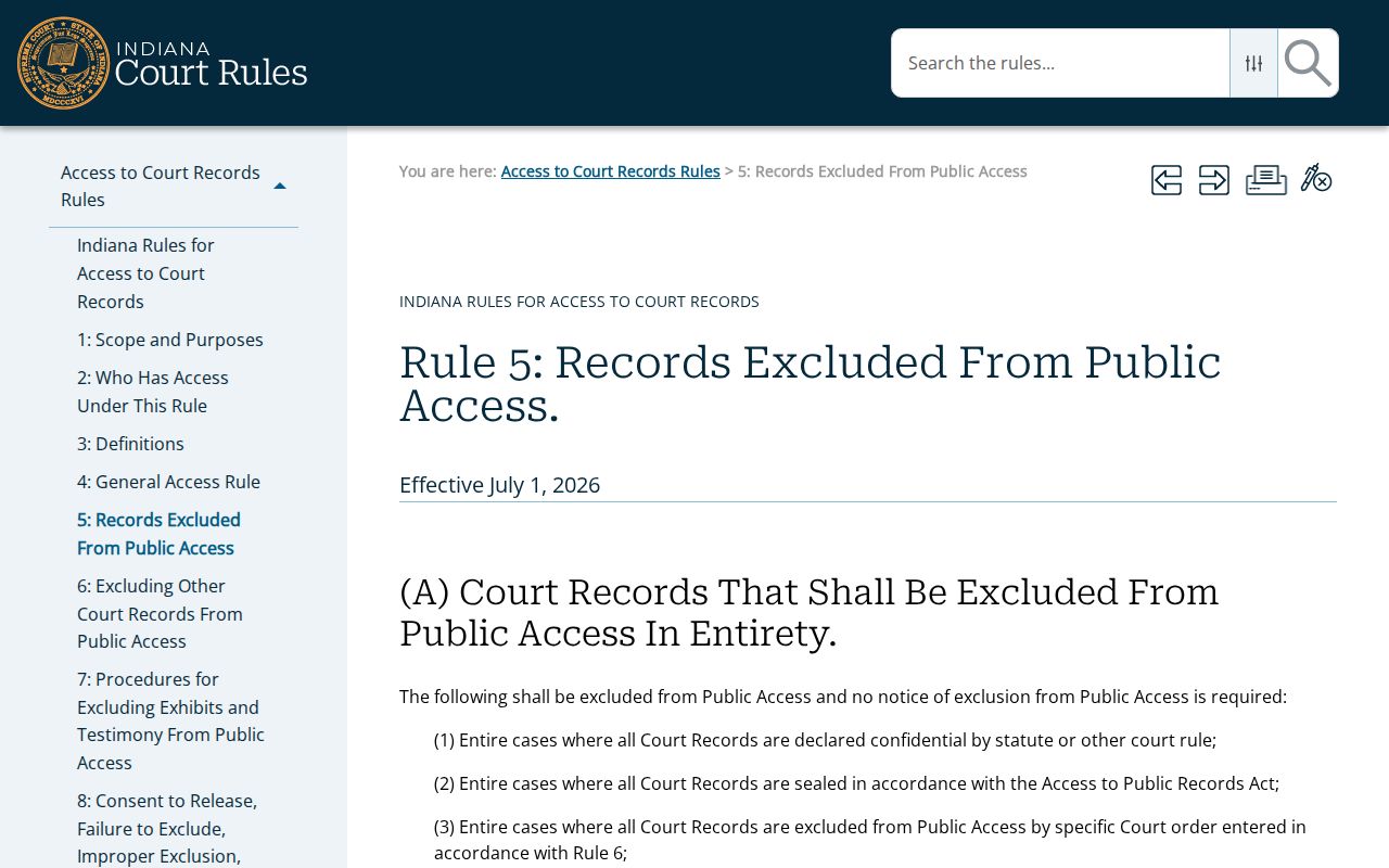 Indiana Records Rule 5 confidentiality and redaction provisions