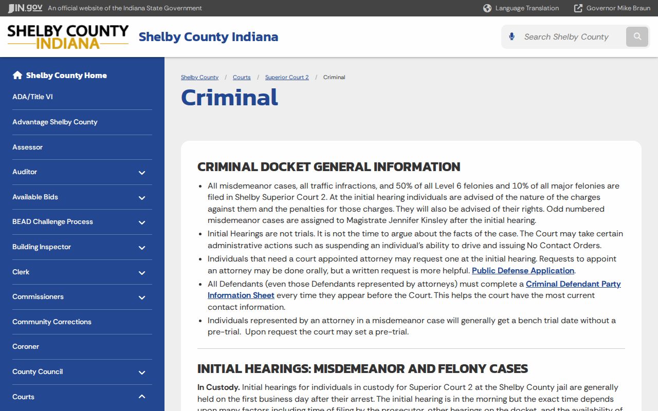 Shelby Superior Court 2 criminal case allocation and initial hearing instructions