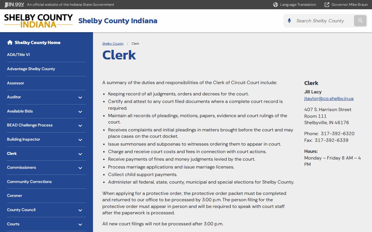 Shelby County Clerk Room 111 contact and court record duties