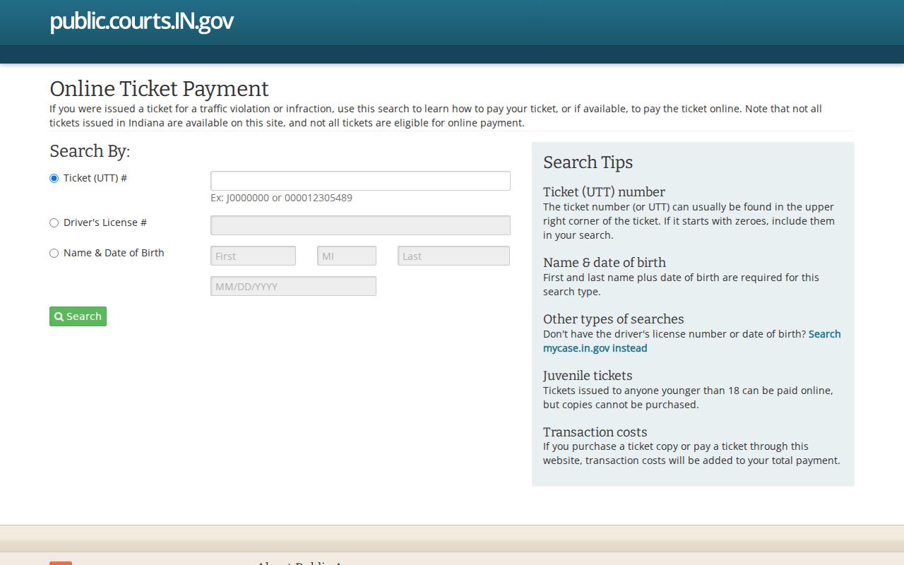 Indiana Pay Search fields for a Shelby County traffic ticket lookup